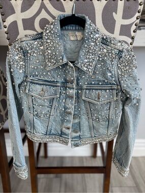 Alice + Olivia Light Blue Embellished Cropped Denim Jacket